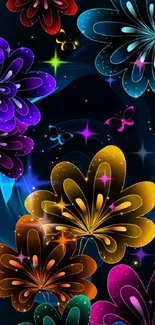 Vibrant abstract floral wallpaper with colorful butterflies and dark cosmic background.