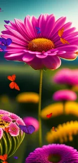 Bright pink daisies in a vibrant, natural setting with green background.