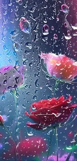 Vibrant floral wallpaper with colorful flowers and water droplets on a dark background.