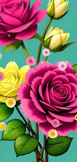 Colorful roses on a mint-green background mobile wallpaper.