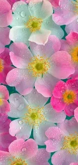 Colorful floral wallpaper with dewy flowers.