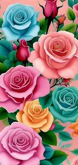 Colorful rose floral wallpaper in shades of pink and blue.