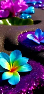 Vibrant floral wallpaper with blue and purple blossoms sparkling on a dark surface.