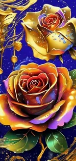 Vibrant and colorful abstract rose art on indigo background.