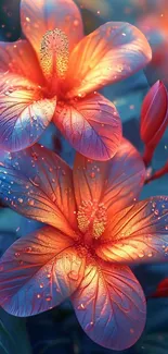 Vibrant orange flowers with dew drops on a phone wallpaper.