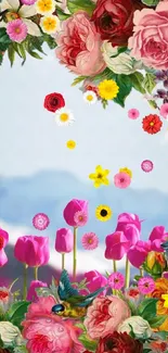 Vibrant garden wallpaper with roses and tulips against mountains.