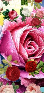 Colorful wallpaper with pink roses and dewdrops.