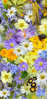 Bright floral wallpaper with daisies, lilies, and violets in a vibrant spring theme.