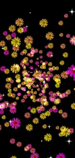 Vibrant floral wallpaper with colorful flowers on black.