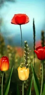 Vibrant red and yellow tulips under a blue sky.