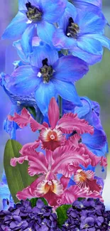 Vibrant phone wallpaper with blue flowers and pink orchids.