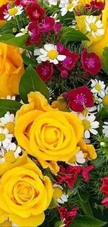 Vibrant wallpaper with yellow roses and colorful daisies.