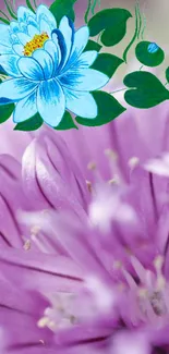 Vibrant purple and blue floral wallpaper for mobile screens.