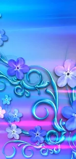 Vibrant blue floral wallpaper with swirls.