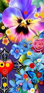 Vibrant floral wallpaper with colorful flowers and butterflies.