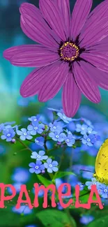 Purple daisy with blue flowers and yellow butterfly wallpaper.