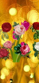 Vibrant floral phone wallpaper with colorful roses on a glowing yellow background.