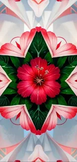 Vibrant floral wallpaper with red flower and green leaves.