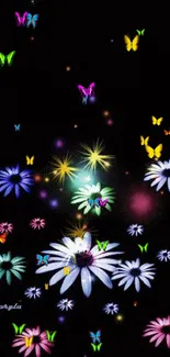 Vibrant floral wallpaper with glowing flowers on black background.