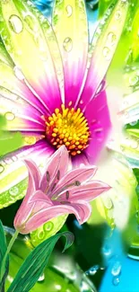 Vibrant floral art wallpaper with colorful blossoms and dew drops.