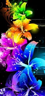 Vibrant floral wallpaper with colorful flowers and abstract design on a black background.