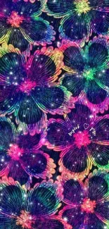 Vibrant galaxy-themed floral mobile wallpaper with colorful flowers.