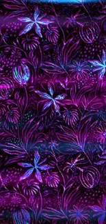 Vibrant neon floral patterned wallpaper in purple hues.