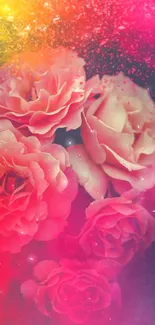 Vibrant floral wallpaper with pink roses and colorful gradient.