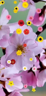 Pink cherry blossoms and colorful flowers on a phone wallpaper.