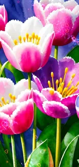 Vibrant watercolor tulips in pink, white, and purple hues with green leaves.