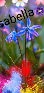 Vibrant blue flowers with colorful splashes, perfect for a lively phone wallpaper.