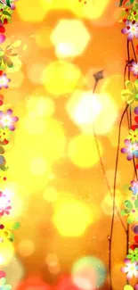 Vibrant floral wallpaper with colorful bokeh effect and warm yellow tones.