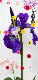 Vibrant purple iris flower with colorful blossoms on a mobile wallpaper.