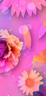 Vibrant pink floral wallpaper with colorful flowers and petals on a phone screen.