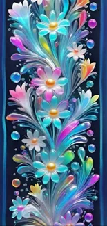 Vibrant floral wallpaper with colorful flowers and droplets on mobile screen.