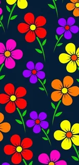 Vibrant floral wallpaper with colorful flowers on a dark background.