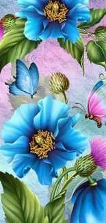 Vibrant wallpaper with blue flowers and butterflies.