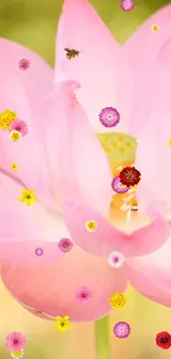 Pink lotus wallpaper with tiny colorful flowers and a bee.