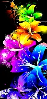 Vibrant flowers with butterflies on a black background wallpaper.