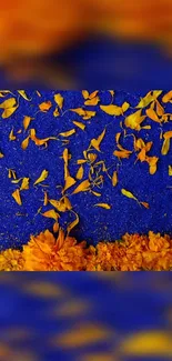 Vibrant blue wallpaper with scattered orange petals.