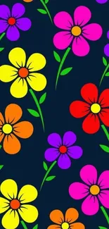 Vibrant floral wallpaper with colorful flowers on a dark blue background.