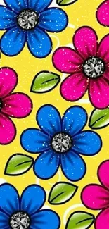 Vibrant blue and pink flower phone wallpaper with a yellow background.