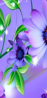 Purple floral wallpaper with flowers and butterfly.