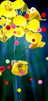 Yellow flower wallpaper with colorful accents on a dark green background.