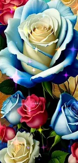 Vibrant blue and colorful roses wallpaper.