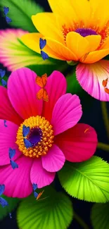 Vibrant pink and orange flowers with green leaves mobile wallpaper.