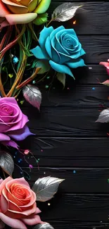 Colorful roses on dark background wallpaper.