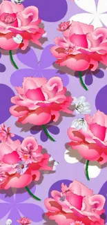 Vibrant pink flowers on a purple floral background.