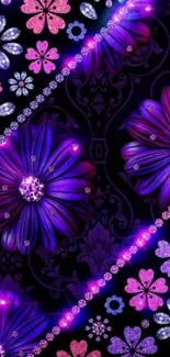 Vibrant purple and pink floral phone wallpaper with sparkling accents.