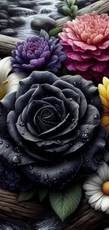 Vibrant floral wallpaper with a black rose centerpiece and colorful flowers.